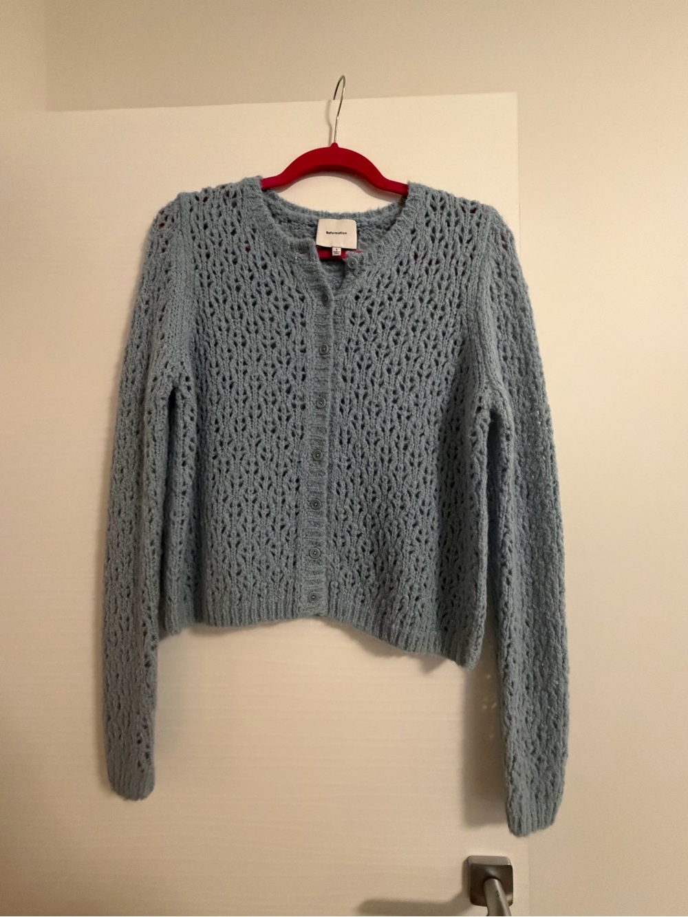 Reformation Light Blue Openwork Button-Front Cardigan